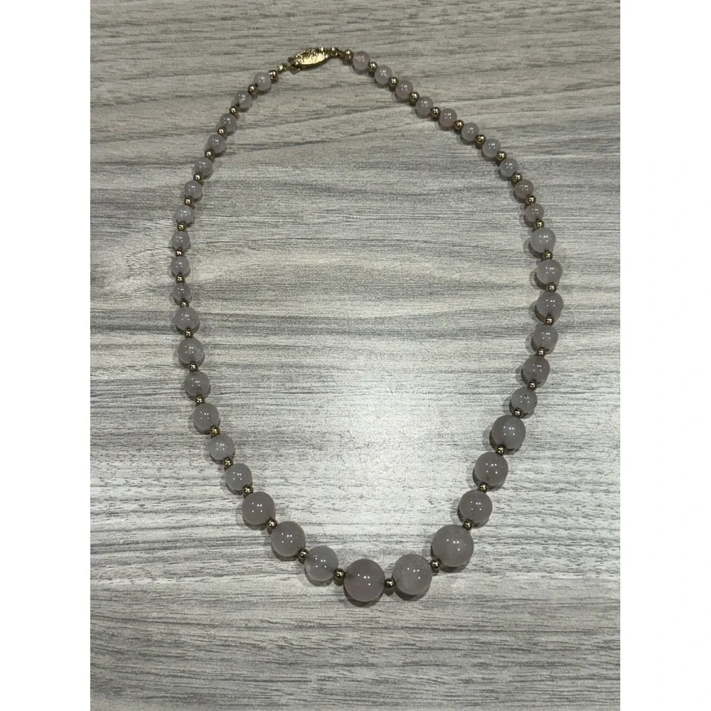 Vintage Rose Quartz Beaded Necklace‎ Graduated Stones Gold Tone Spacer Box Clasp